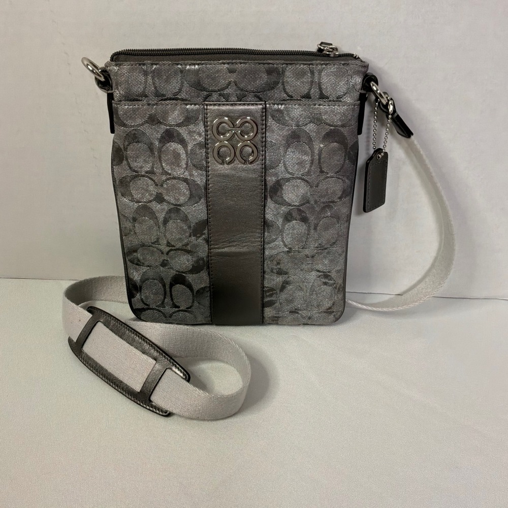 Coach Silver Signature Jacquard Crossbody Bag Metallic Leather Trim COA